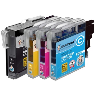 BROTHER ECOPrinter 1100P1 | Pack de 4 cartouches ECOPrinter Brother LC-1100 | Famillle Brother LC-1100 | 1 Noir et 3 Couleurs individuelles | 700/475 pages