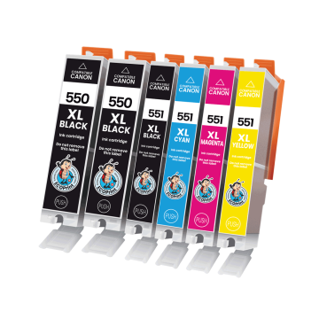 CANON ECOPrinter 550P2 | Pack de 6 cartouches ECOPrinter équivalent à Canon PGI-550 XL / CLI-551 XL  | Famille Canon PGI-550 / CL-551 | 2 Noir et 4 Couleurs individuelles | 500/1'130/695 pages