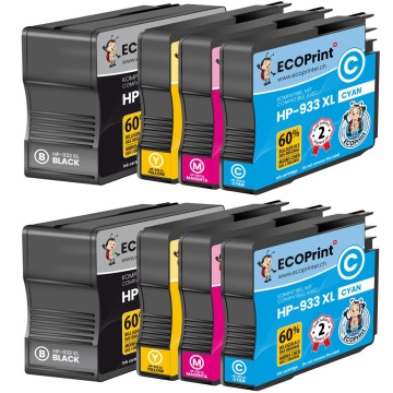 HP ECOPrinter 932P3 | Pack de 8 cartouches ECOPrinter équivalent à HP 932XL / HP 933XL | Famille HP 932 / HP 933 | 2 Noir et 6 Couleurs individuelles | 1'000/825 pages