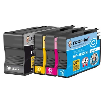 HP ECOPrinter 932P1 | Pack de 4 cartouches ECOPrinter équivalent à HP 932XL / HP 933XL | Famille HP 932 / HP 933 | 1 Noir et 3 Couleurs individuelles | 1'000/825 pages
