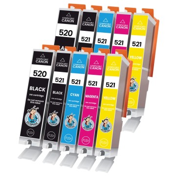 CANON ECOPrinter 520P3 | Pack de 10 cartouches ECOPrinter équivalent à Canon PGI-520 / CLI-521  | Famille Canon PGI-520 / CLI-521 | 2 Noir et 8 Couleurs individuelles | 324/3'425/450 pages